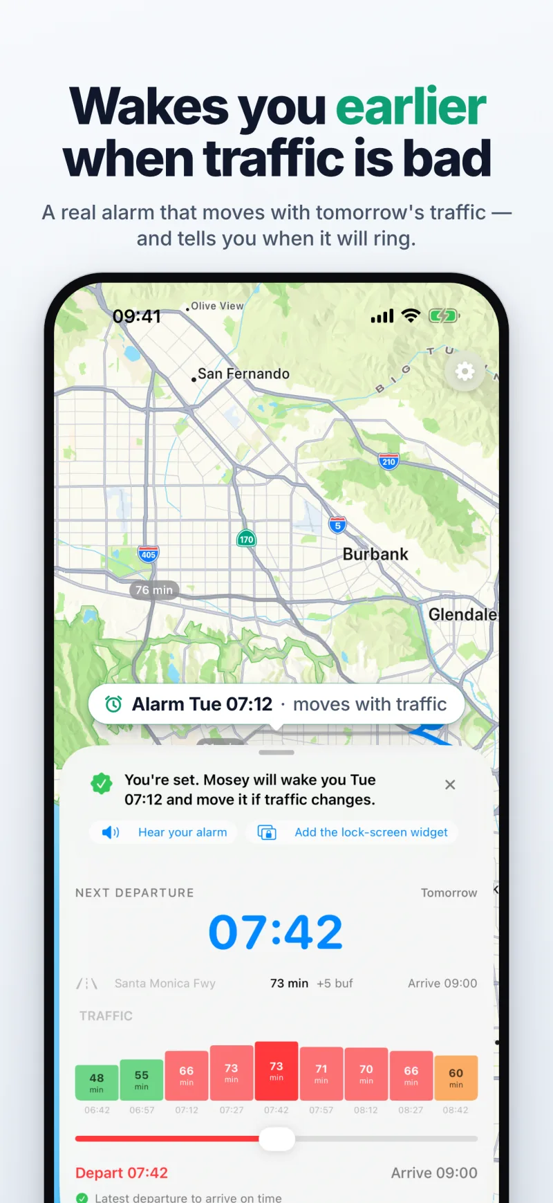 “You're set”: Mosey's wake-up alarm for tomorrow, which moves earlier when traffic is bad, above the morning's traffic forecast
