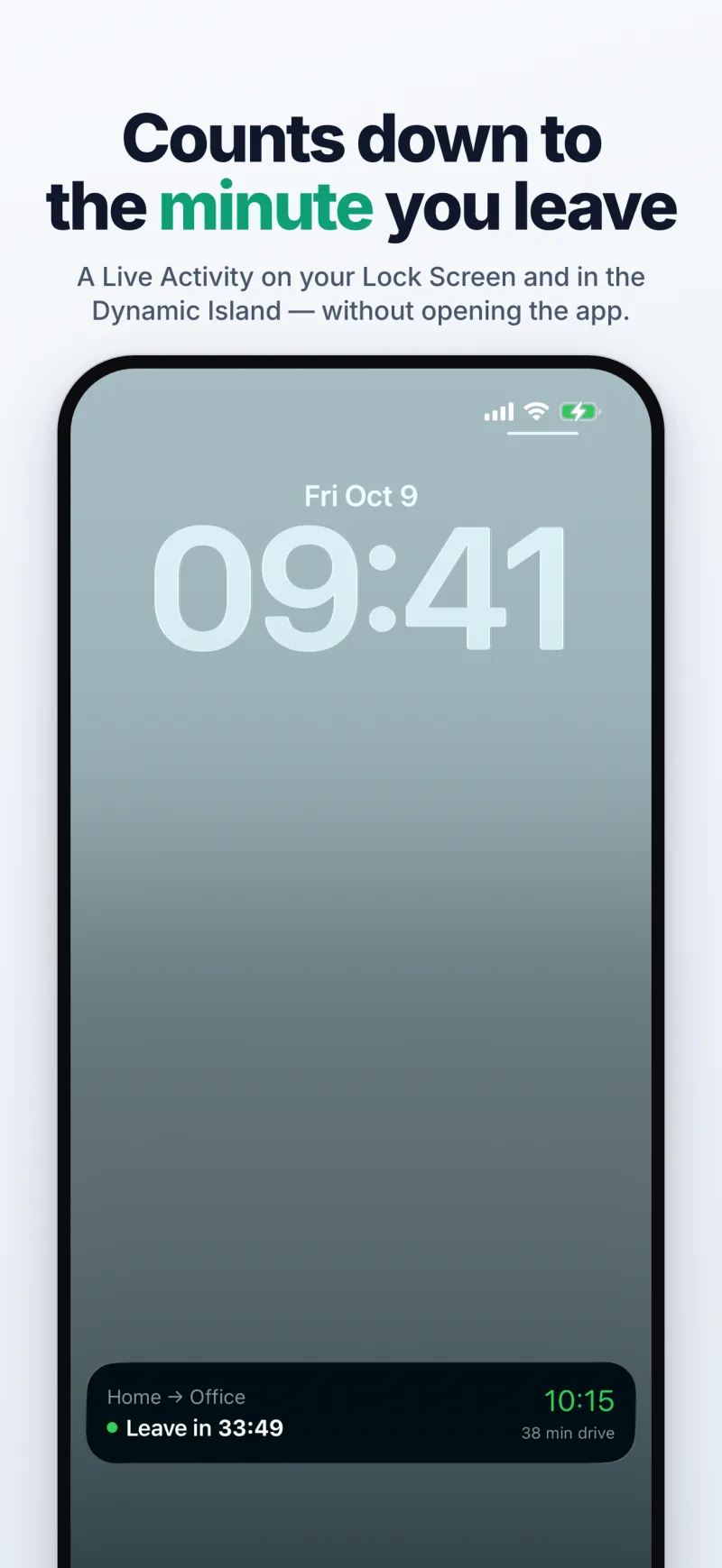 Mosey's Live Activity on the Lock Screen, counting down to the minute you need to leave
