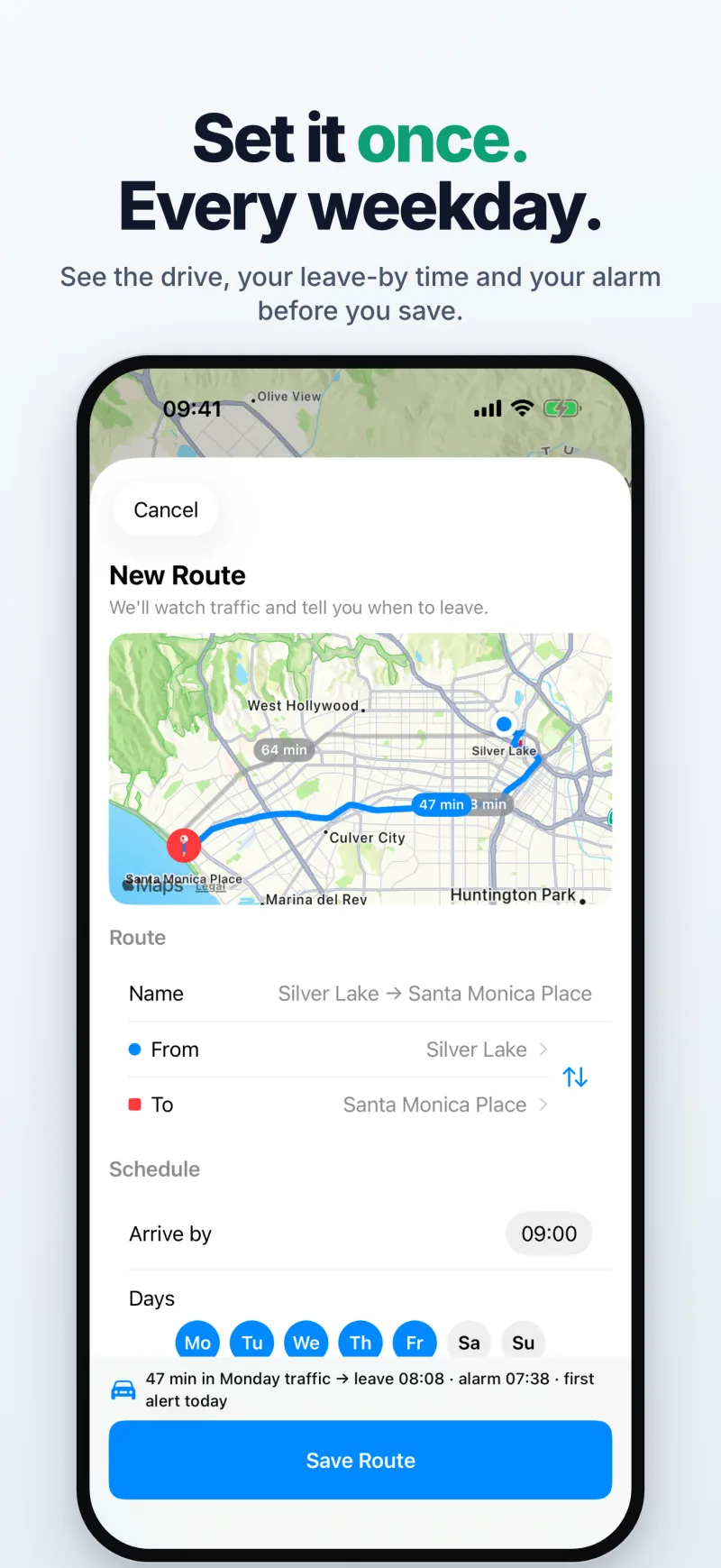 Setting up a commute once: the live summary shows the drive in Monday traffic, the leave-by time and the alarm before you save
