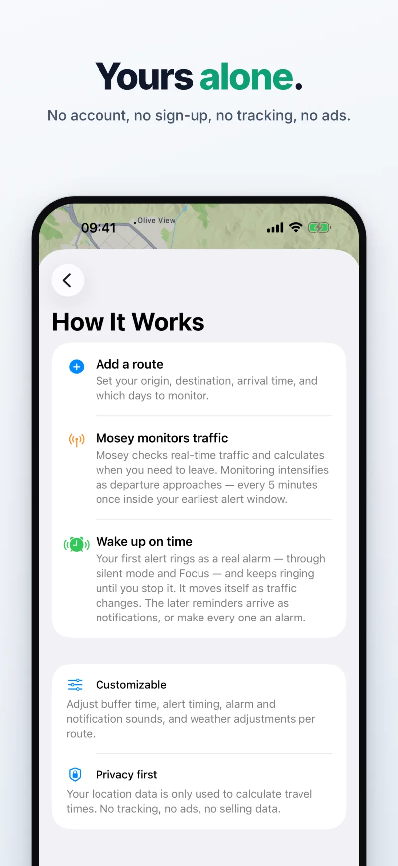 Yours alone — no account, no sign-up, no tracking, no ads