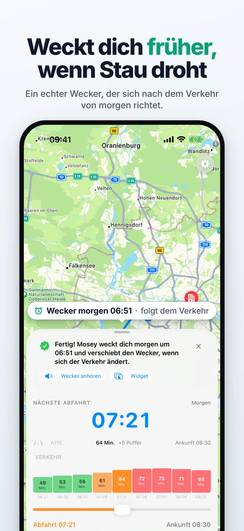 „Fertig!“: der Wecker von Mosey für morgen, der früher klingelt, wenn der Verkehr schlecht ist, über der Verkehrsprognose für den Morgen