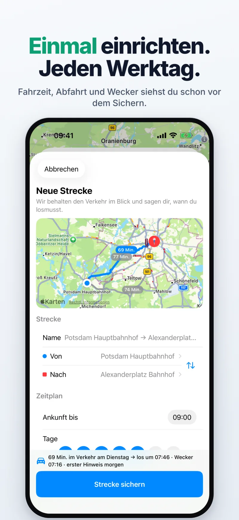 Arbeitsweg einmal einrichten: Die Live-Zusammenfassung zeigt Fahrzeit im Verkehr am Montag, Abfahrtszeit und Wecker, bevor du speicherst