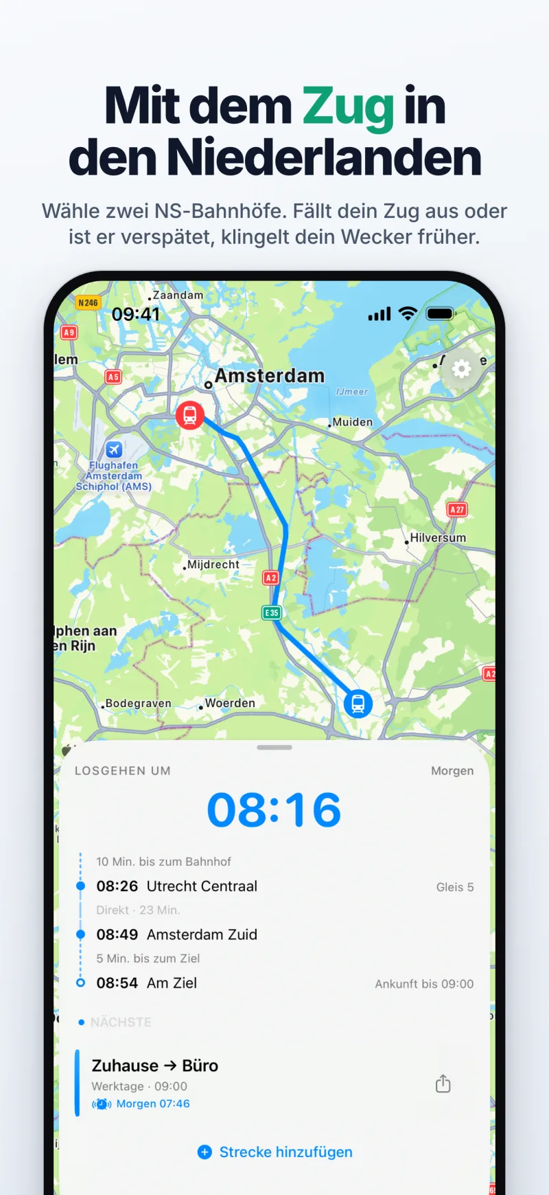 Mit dem Zug: um 08:16 von zu Hause los zum Zug um 08:26 ab Utrecht Centraal (Gleis 5), um 08:49 in Amsterdam Zuid – mit der Strecke des Zugs auf der Karte