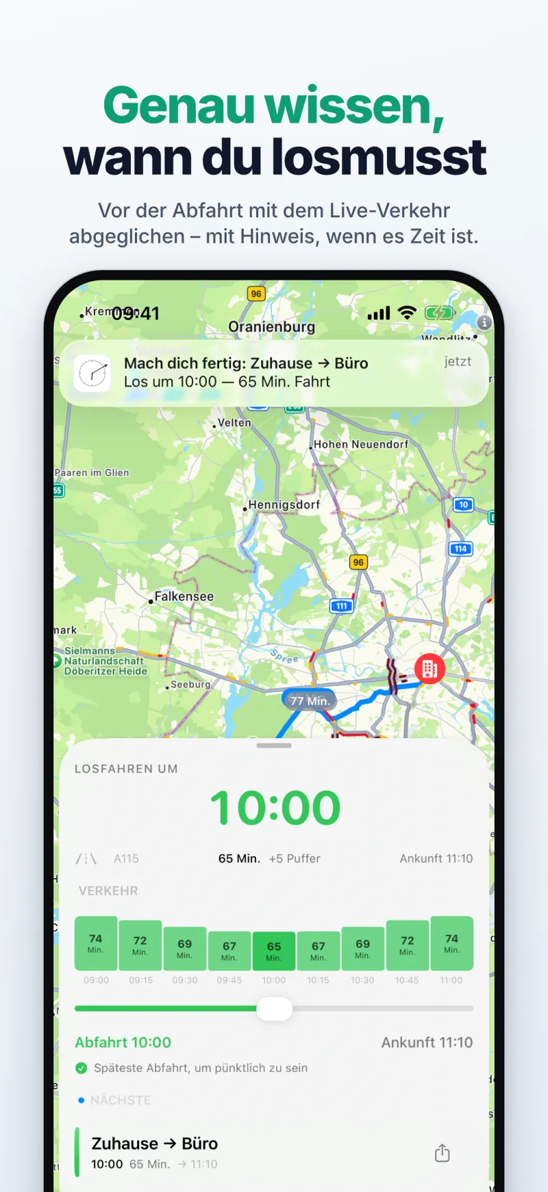Der Startbildschirm von Mosey mit der genauen Minute zum Losfahren und einer Mitteilung „Mach dich fertig“, kurz bevor es so weit ist