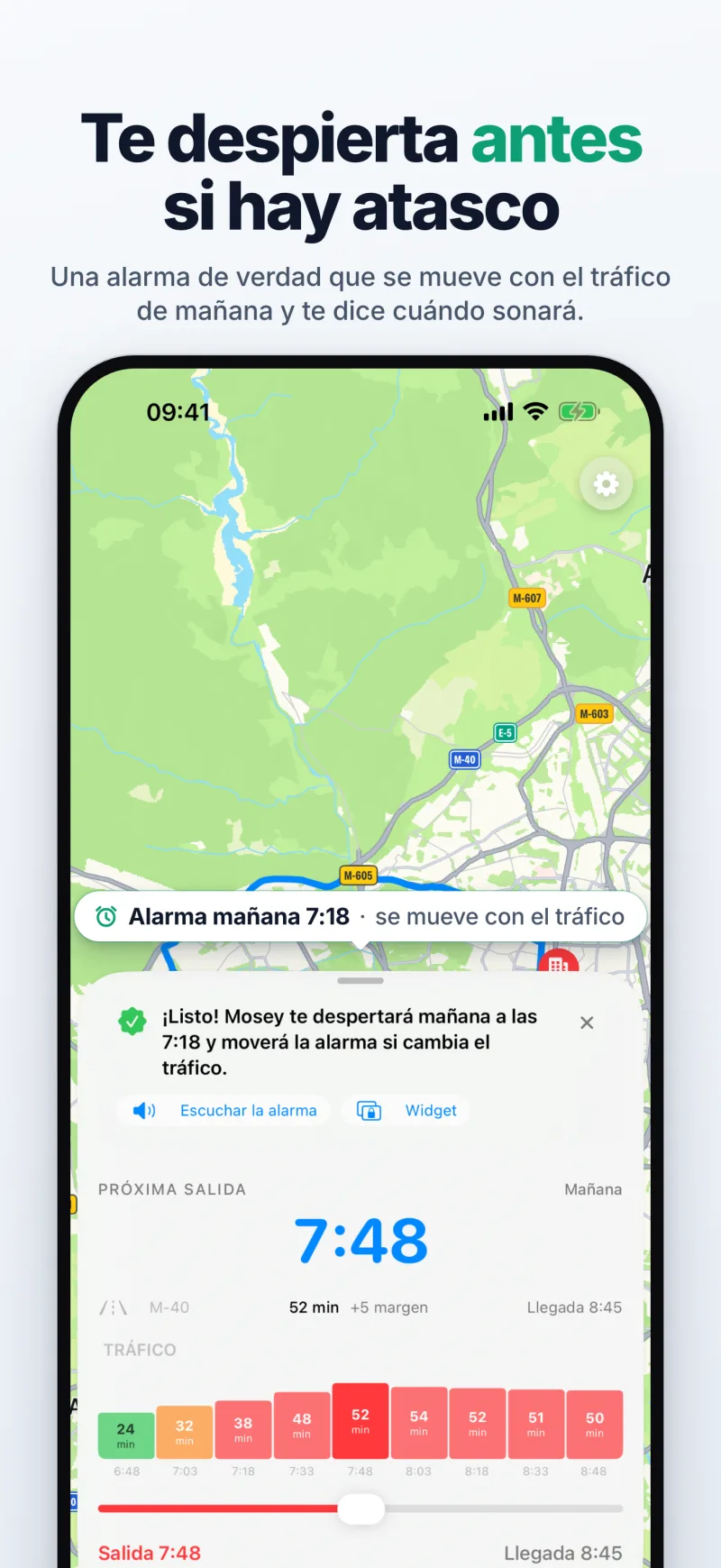 «¡Listo!»: la alarma de Mosey para mañana, que se adelanta cuando el tráfico viene mal, sobre la previsión de tráfico de la mañana