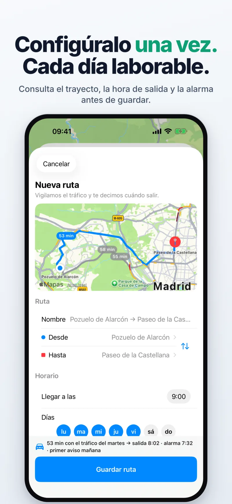 Configurar un trayecto una sola vez: el resumen en directo muestra el viaje con el tráfico del lunes, la hora de salida y la alarma antes de guardar