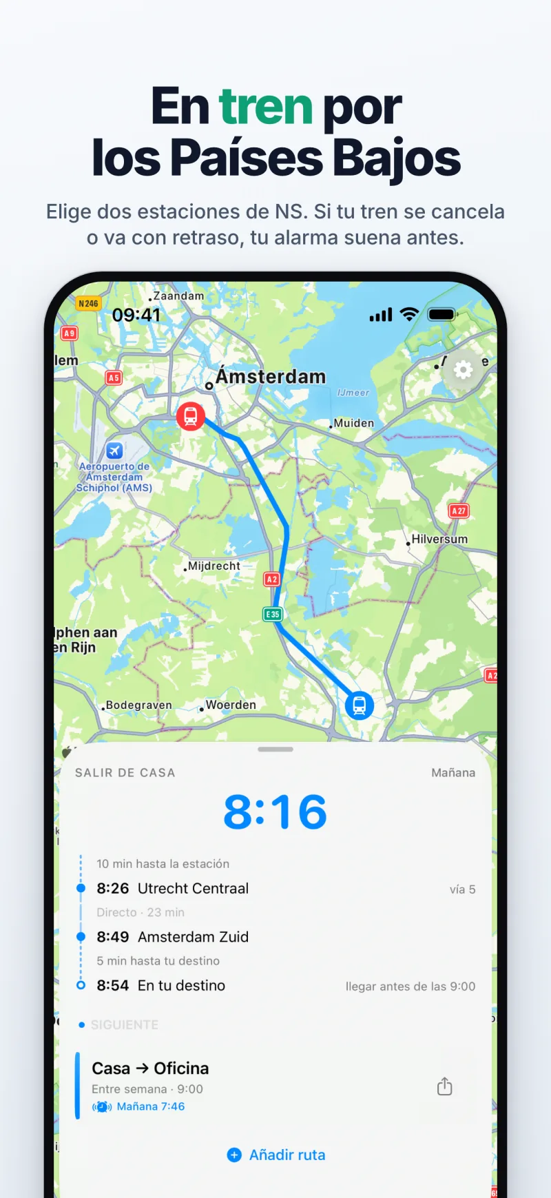 En tren: sal de casa a las 8:16 para el tren de las 8:26 desde Utrecht Centraal (vía 5), en Amsterdam Zuid a las 8:49, con el recorrido del tren en el mapa