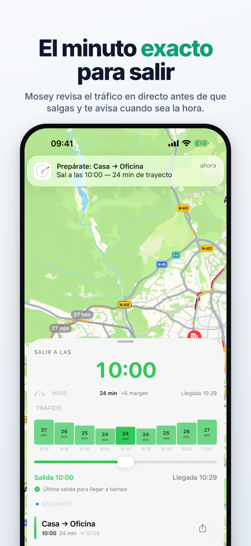 La pantalla principal de Mosey con el minuto exacto para salir y una notificación «Prepárate» cuando se acerca la hora