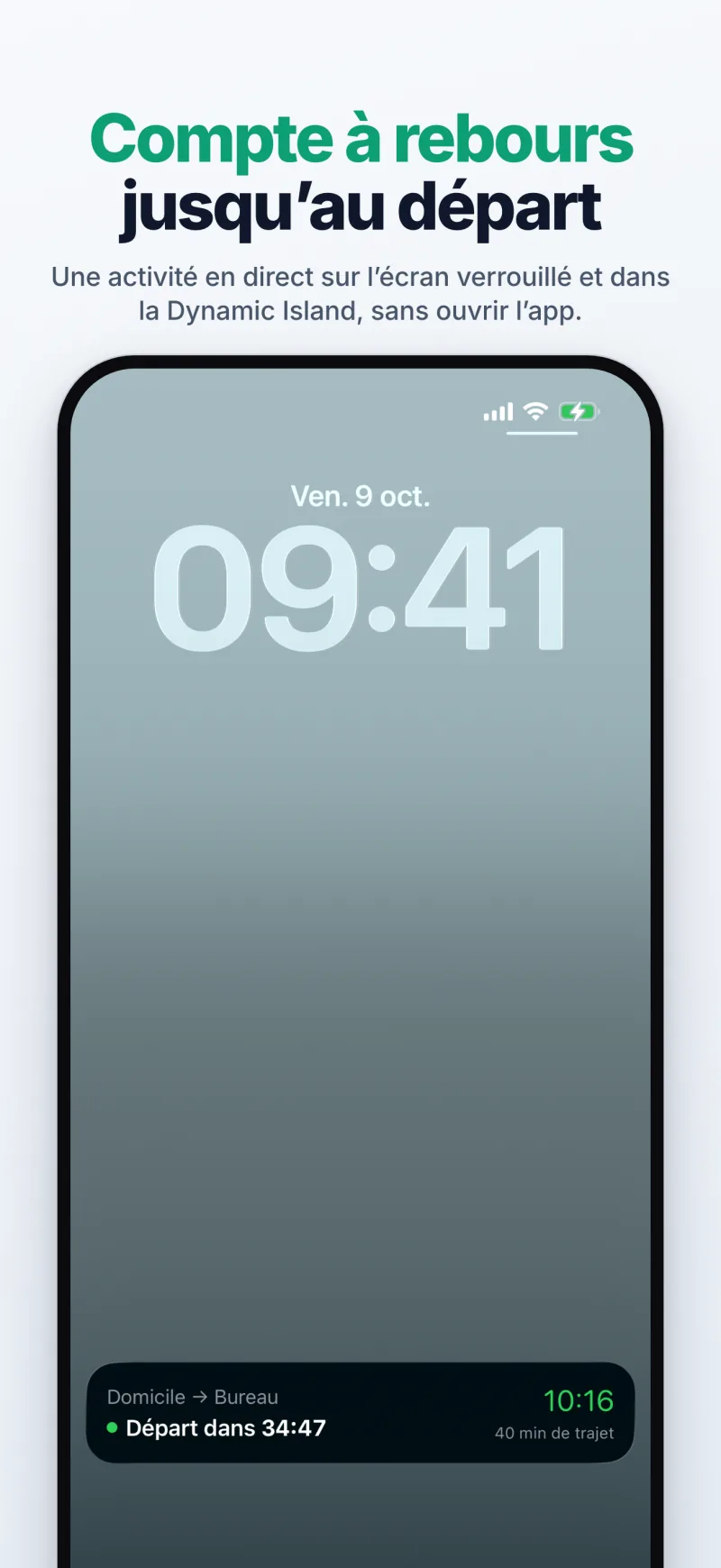 L’activité en direct de Mosey sur l’écran verrouillé, avec le compte à rebours jusqu’à la minute où vous devez partir