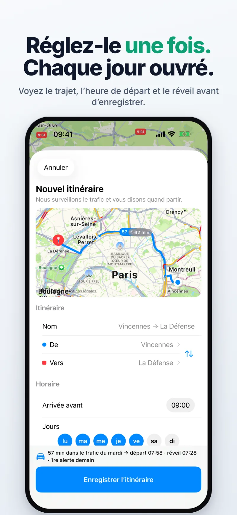 Configurer un trajet une seule fois : le résumé en direct affiche la durée dans le trafic du lundi, l’heure de départ et le réveil avant d’enregistrer