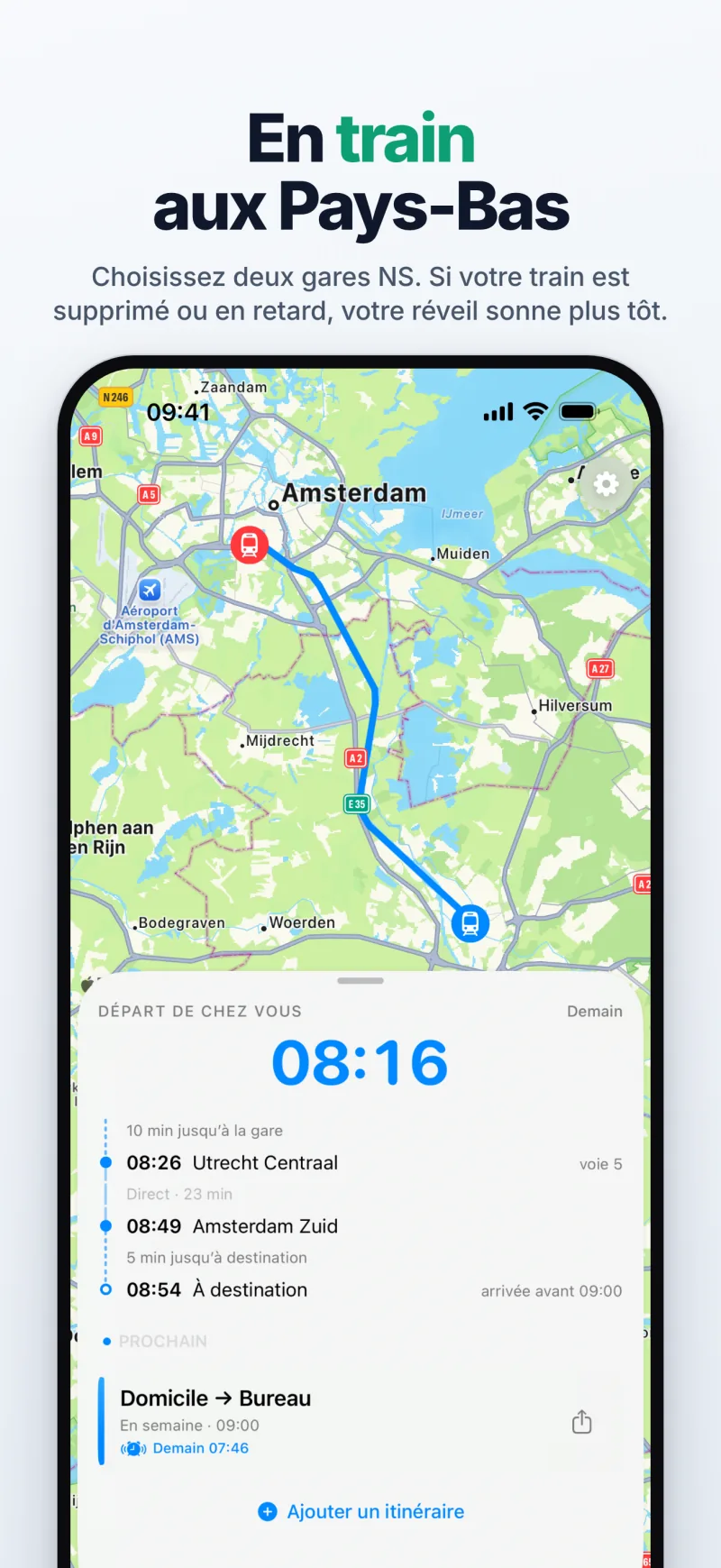 En train : départ de chez vous à 08:16 pour le train de 08:26 à Utrecht Centraal (voie 5), arrivée à Amsterdam Zuid à 08:49 — avec le trajet du train sur la carte
