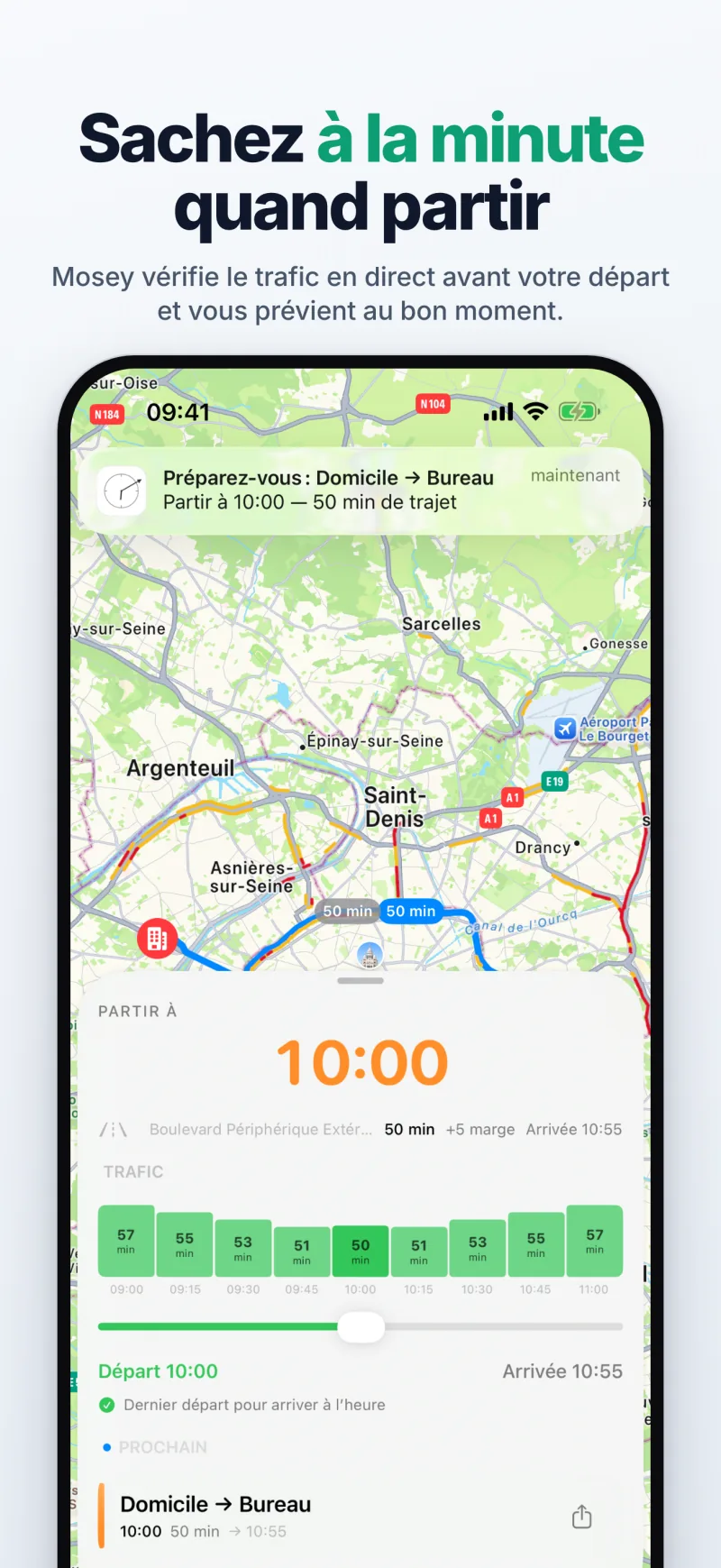 L’écran principal de Mosey avec la minute exacte du départ et une notification « Préparez-vous » quand l’heure approche