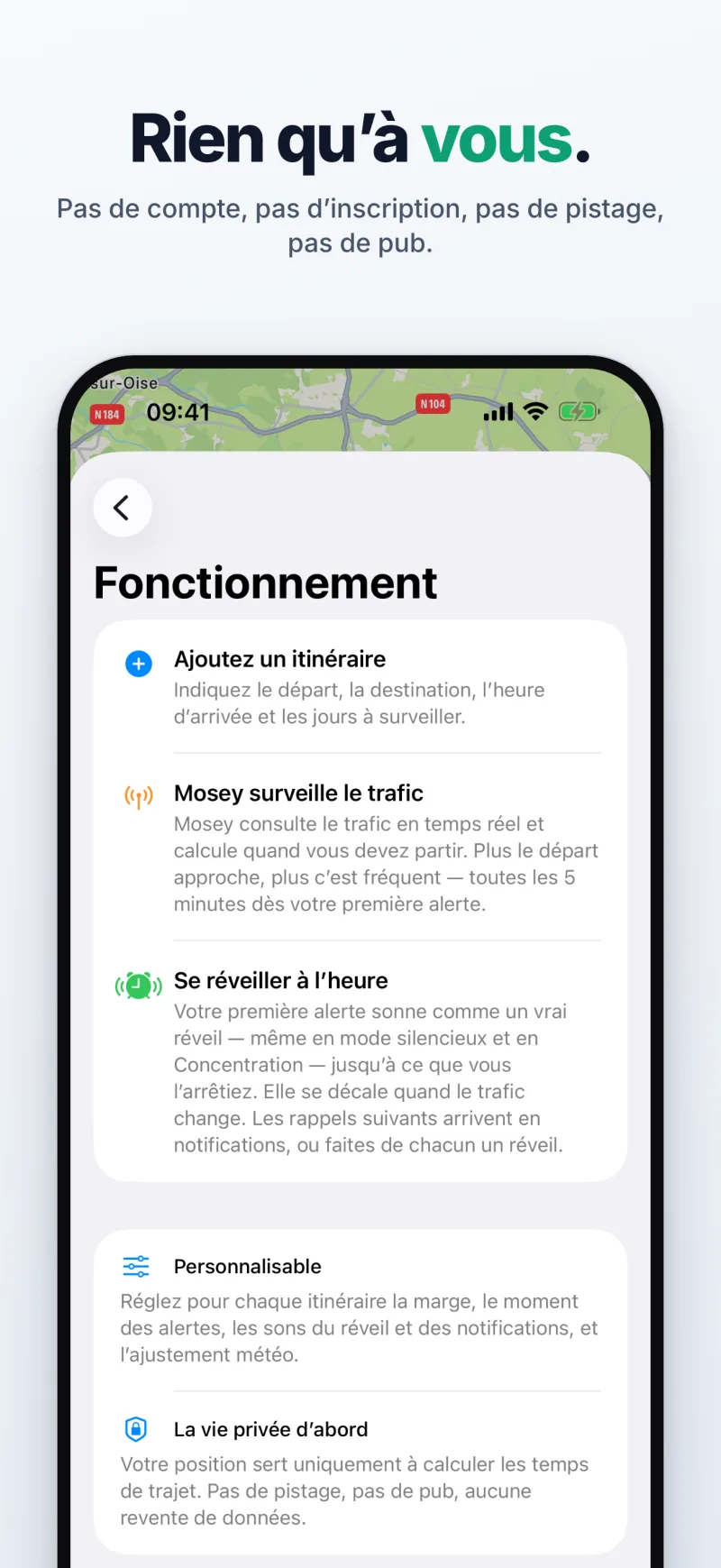 Rien qu’à vous — sans compte, sans inscription, sans pistage, sans publicité