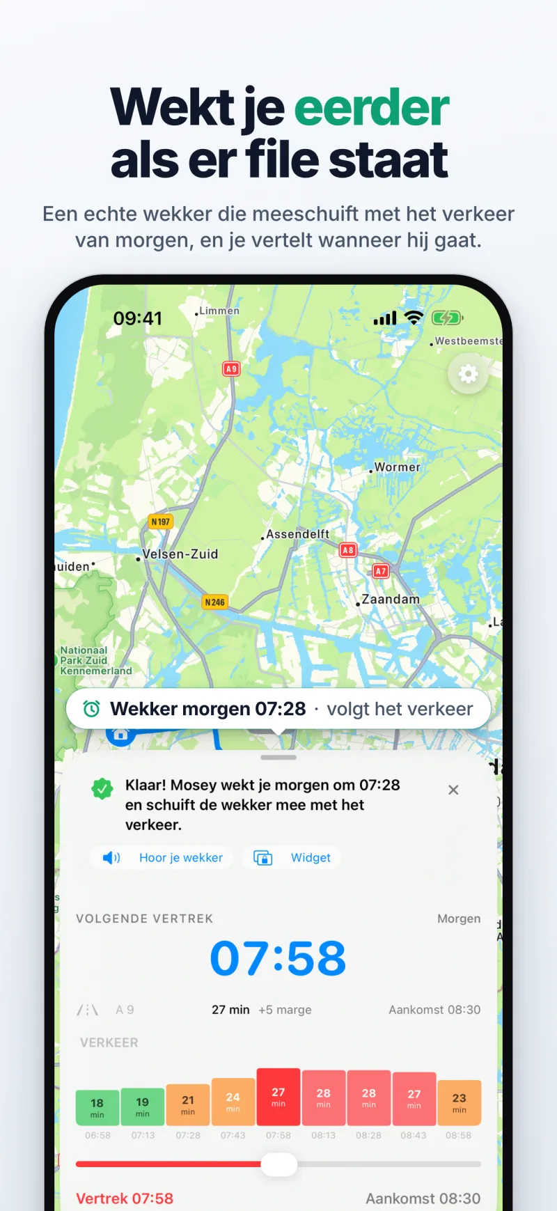 'Klaar!': de wekker van Mosey voor morgen, die eerder gaat als het verkeer tegenzit, boven de verkeersverwachting voor die ochtend