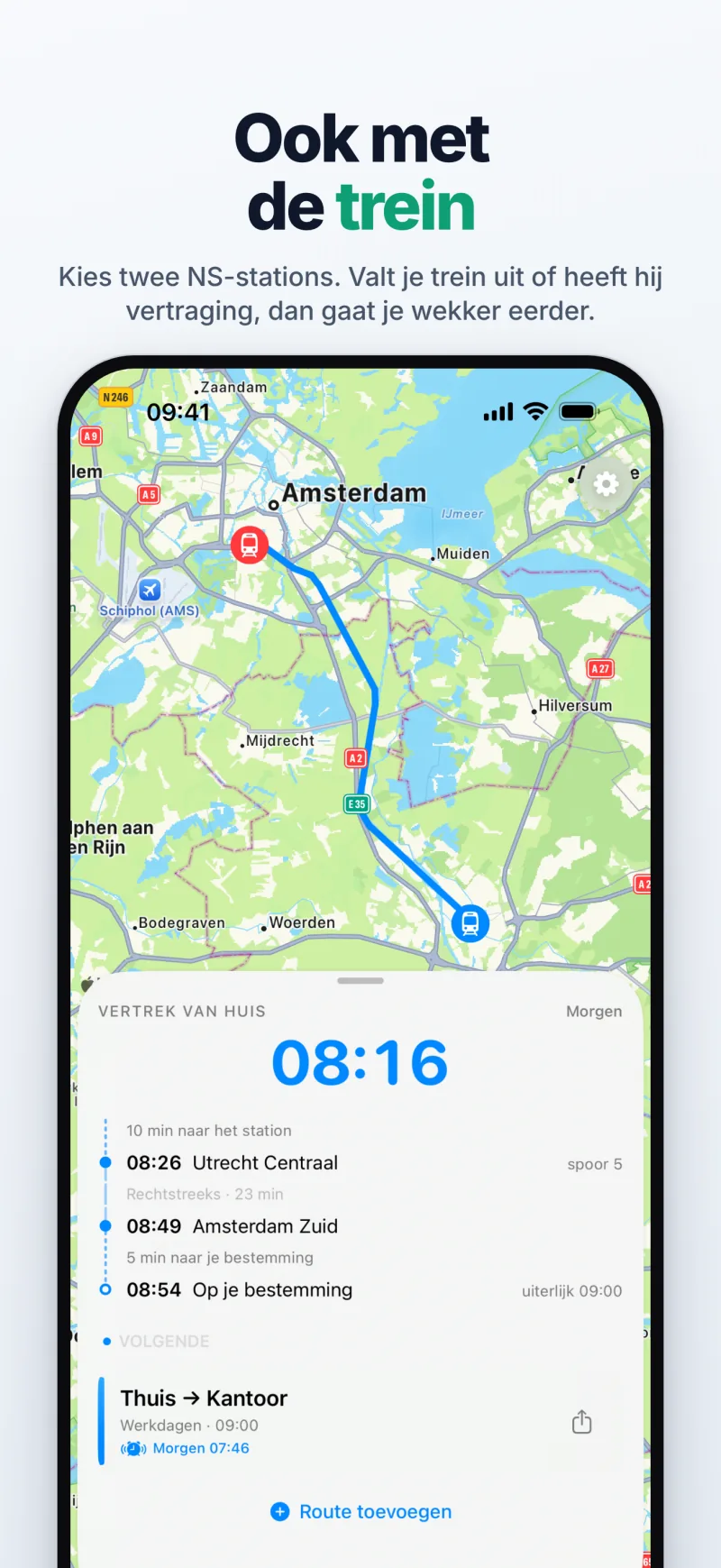 Met de trein: om 08:16 van huis voor de trein van 08:26 uit Utrecht Centraal (spoor 5), om 08:49 in Amsterdam Zuid – met de route van de trein op de kaart