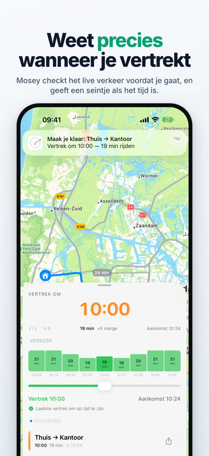 Het hoofdscherm van Mosey met de precieze minuut om te vertrekken en een melding 'Maak je klaar' als het bijna zover is