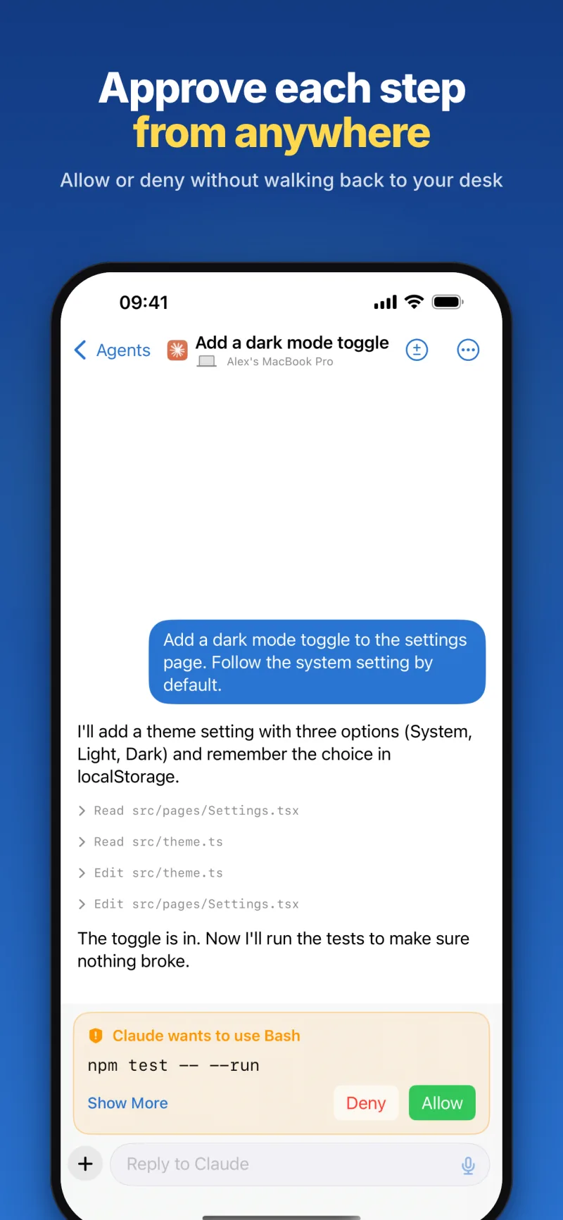 Approve each step from anywhere: Claude wants to run npm test, with Deny and Allow under the request