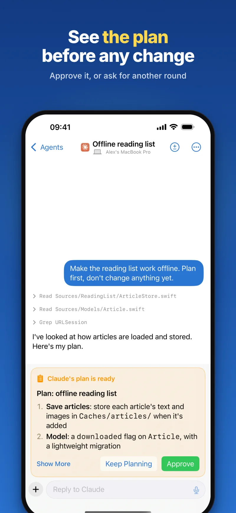 See the plan before any change: Claude's plan for an offline reading list, with Keep Planning and Approve