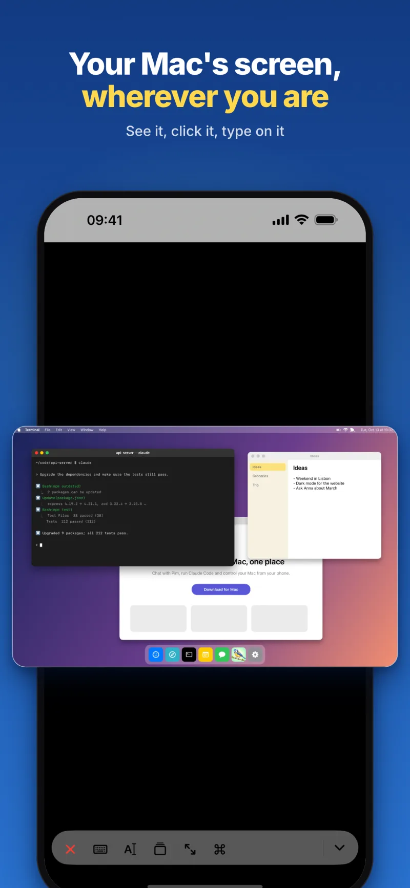 Your Mac's screen, wherever you are: the Mac desktop with Terminal and Notes, and the remote-control toolbar