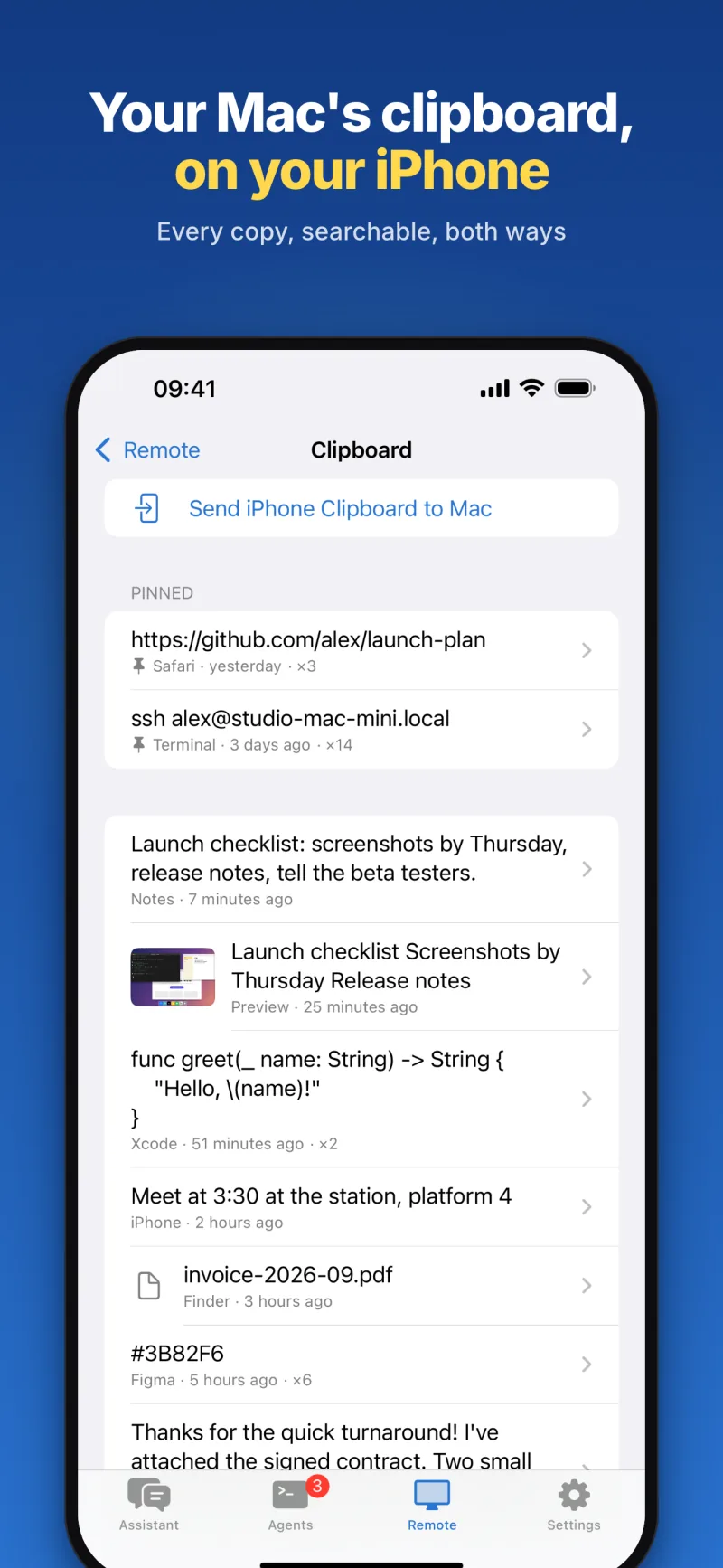 Your Mac's clipboard on your iPhone: pinned items, text, a screenshot, a colour and a file, each with the app it came from