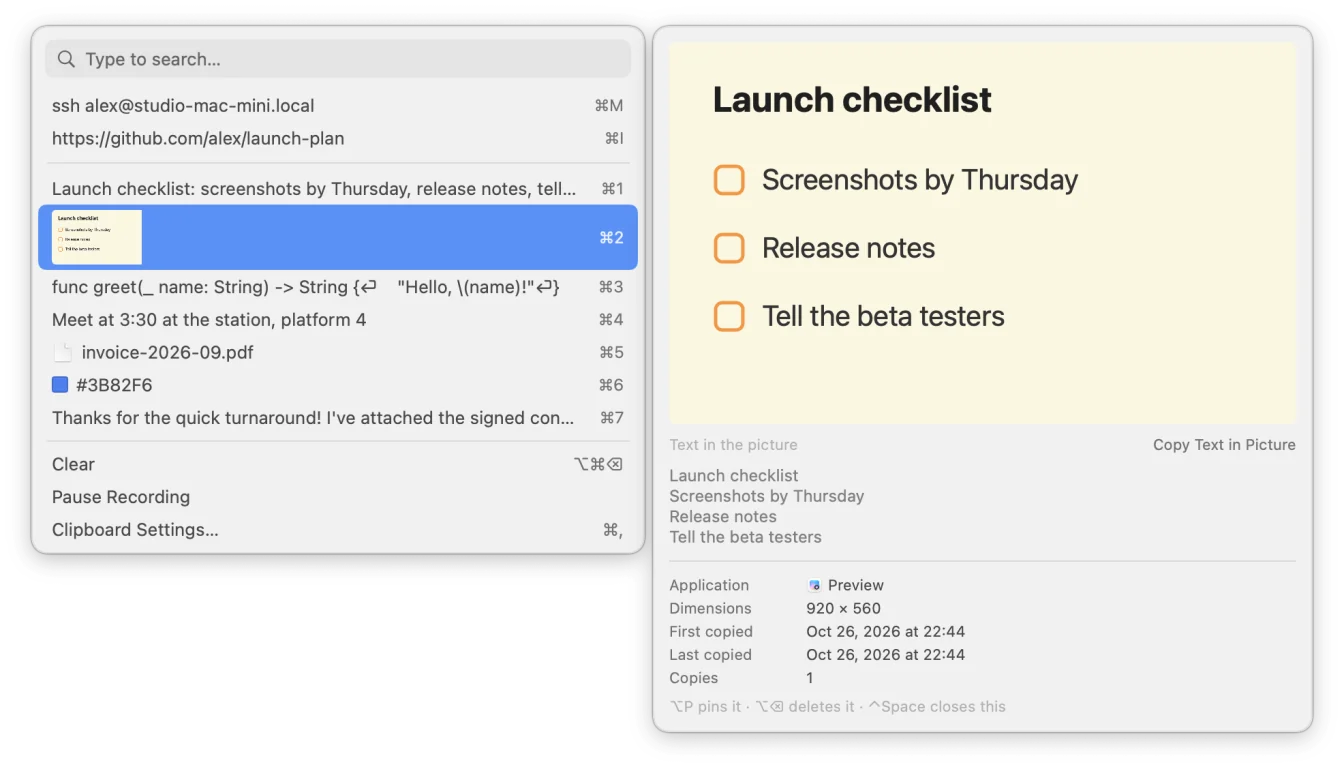 The clipboard history over any app: links, text, code, a file, a colour and a screenshot of a launch checklist, with its preview and the text recognized in it