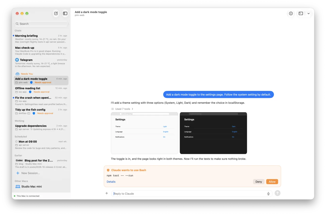 Pim for Mac's window: conversations with Pim and agent sessions in the sidebar, grouped Needs You, Working, Scheduled and Earlier; a Claude Code session open, asking to run npm test, with Deny and Allow