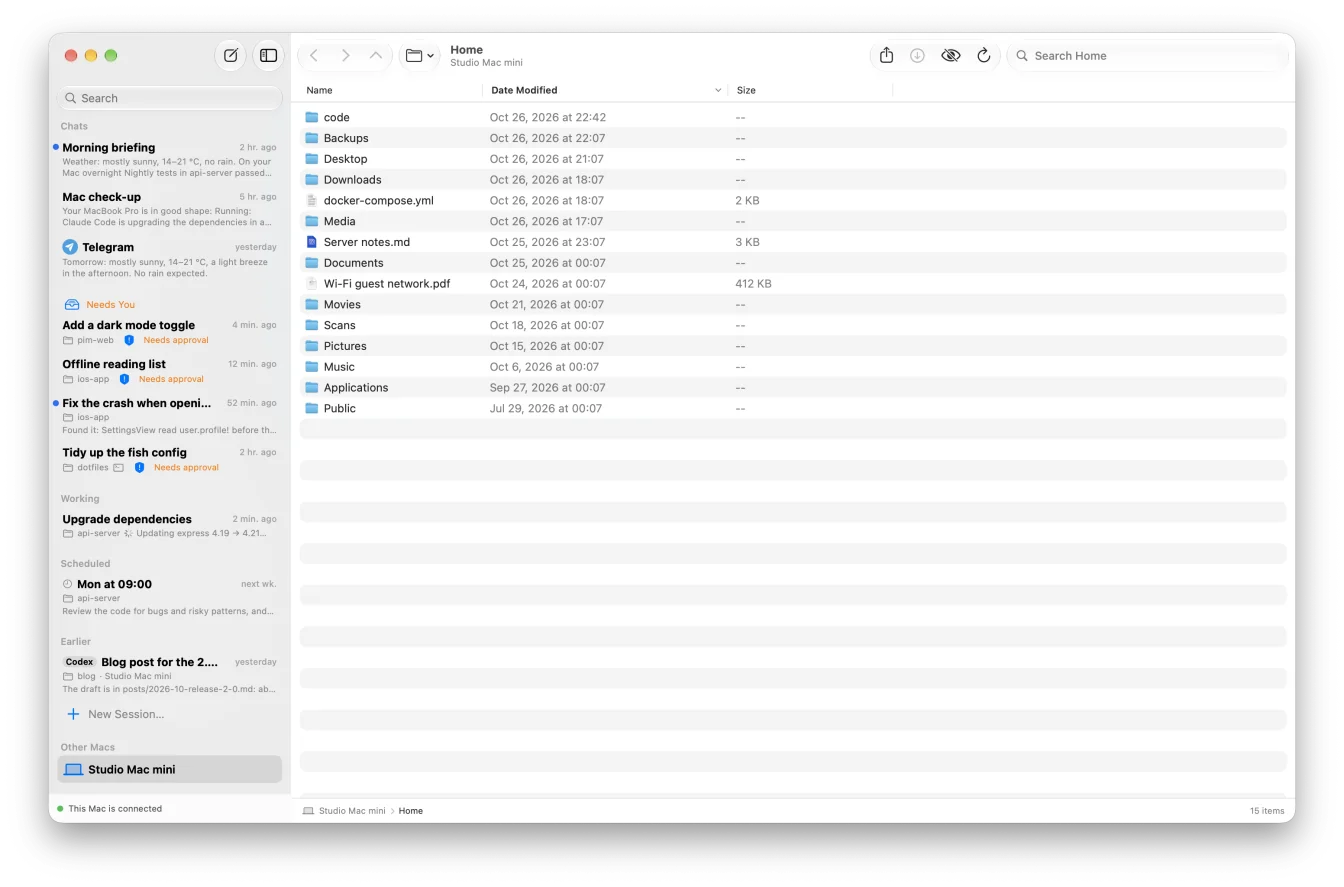 Pim for Mac showing the home folder of another Mac, Studio Mac mini, listed under Other Macs in the sidebar