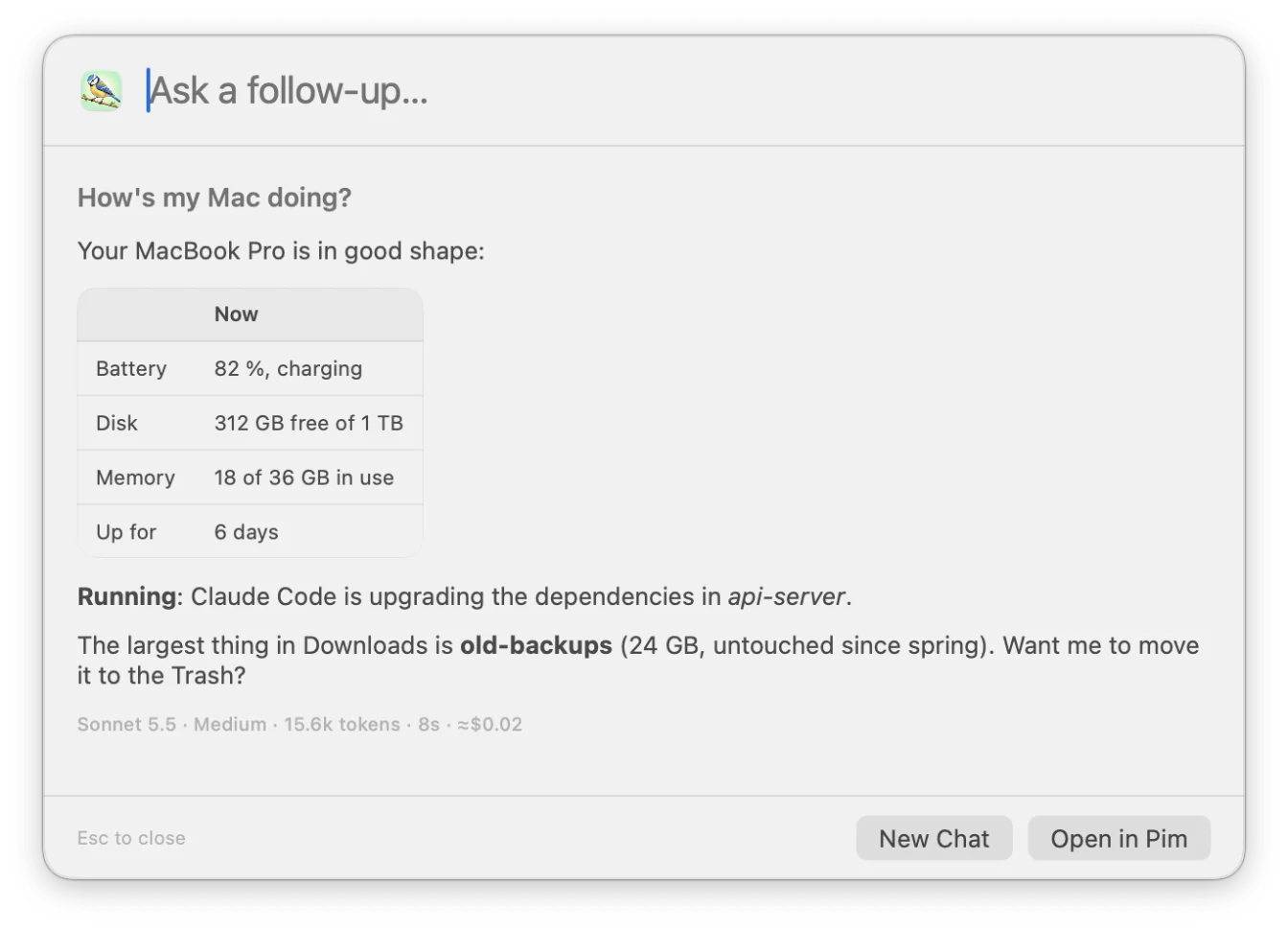 Quick Ask: "How's my Mac doing?" answered with battery, disk, memory and uptime in a table, what's running and the largest folder in Downloads