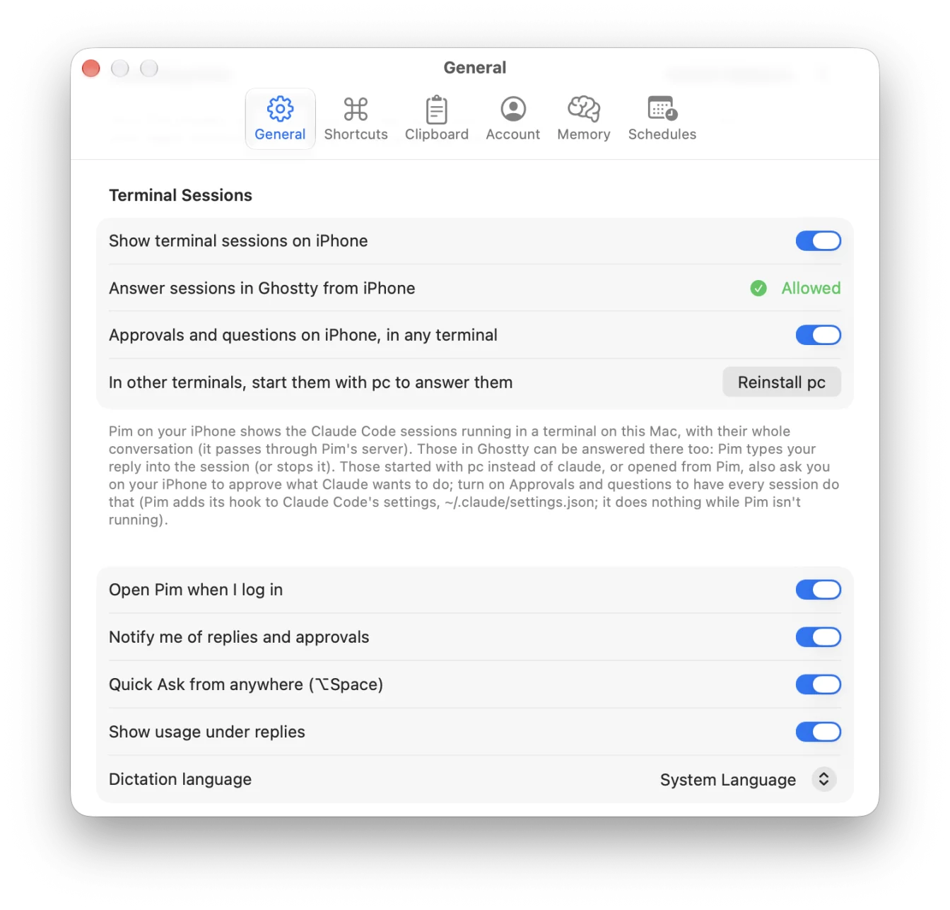 Pim for Mac's settings on Terminal Sessions: show terminal sessions on iPhone, answer sessions in Ghostty (allowed), approvals and questions on iPhone in any terminal, and pc installed