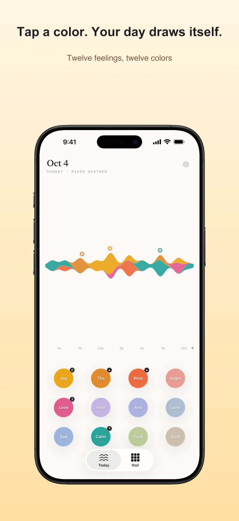 Tap a colour and your day draws itself — twelve feelings, twelve colours
