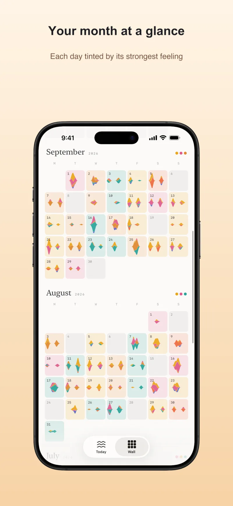 Your month at a glance — each day tinted by its strongest feeling
