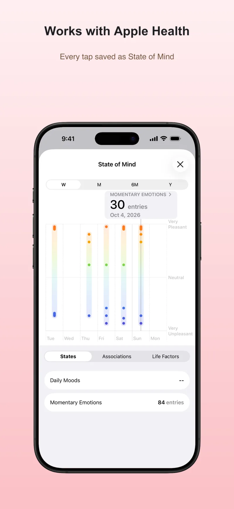 Works with Apple Health — every tap saved as State of Mind