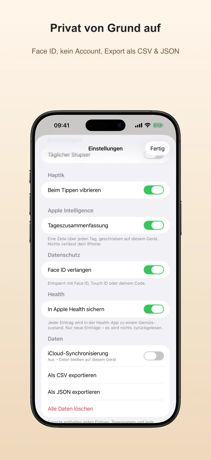 Privat von Grund auf – Face-ID-Sperre, kein Account, Export als CSV und JSON