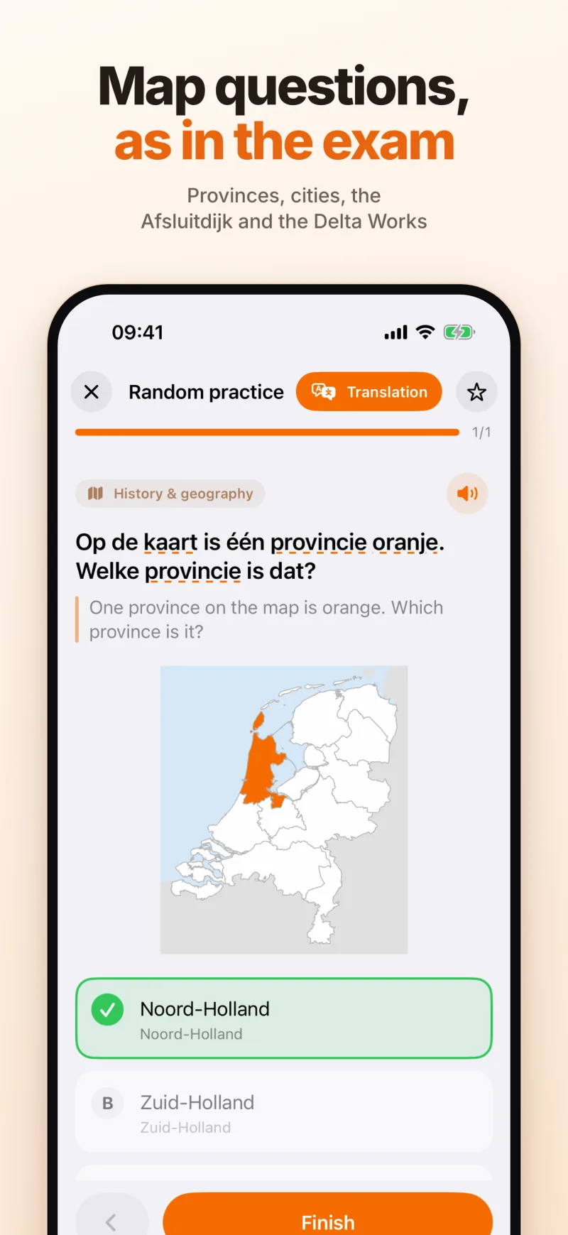 Map questions, as in the exam: a map of the Netherlands with Noord-Holland in orange, and the right answer marked