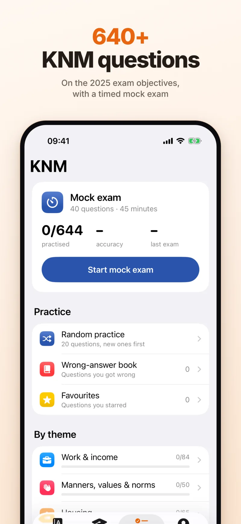 640+ KNM questions: the mock exam of 40 questions in 45 minutes, random practice, the wrong-answer book and the themes