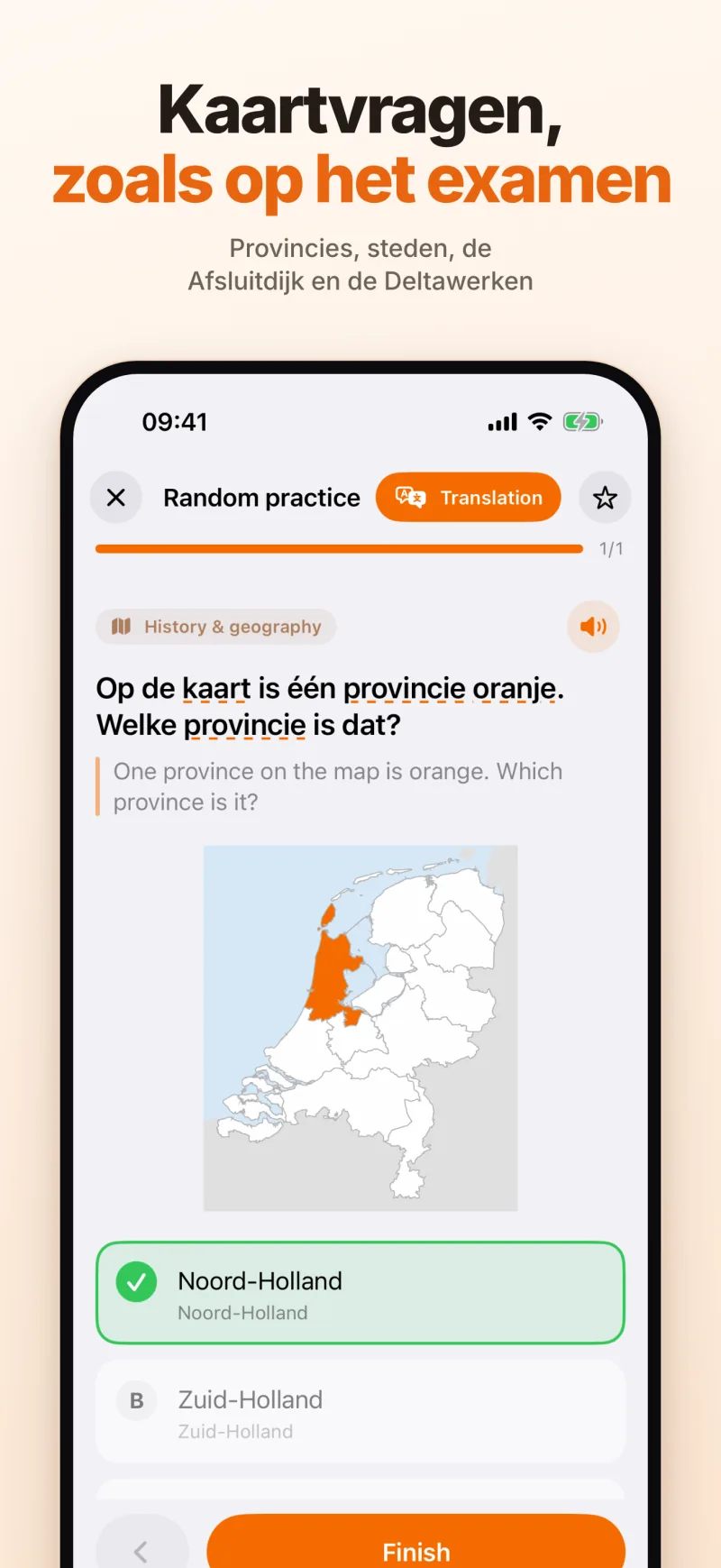 Kaartvragen, zoals op het examen: een kaart van Nederland met Noord-Holland in oranje, en het goede antwoord aangevinkt