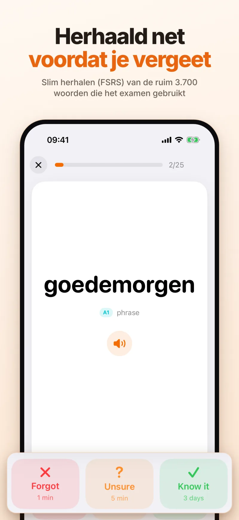Herhaald net voordat je vergeet: een leerkaart met Forgot, Unsure en Know it, elk met wanneer het woord terugkomt – 1 min, 5 min, 3 dagen
