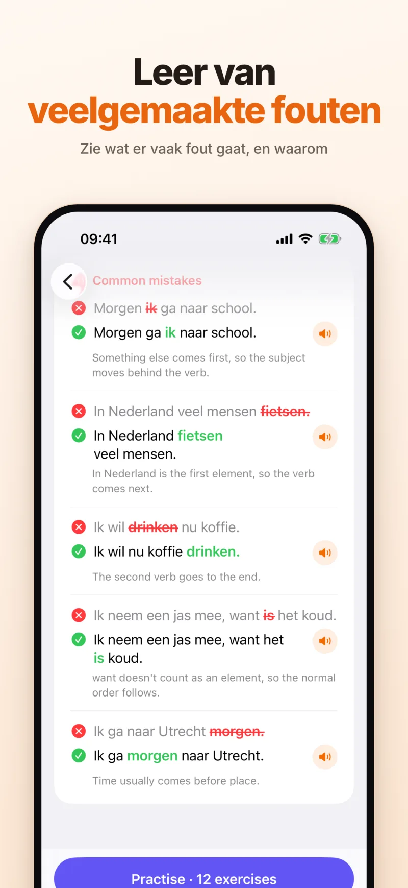 Leer van veelgemaakte fouten: foute en goede zinnen naast elkaar, de woorden die verschillen gemarkeerd, en waarom
